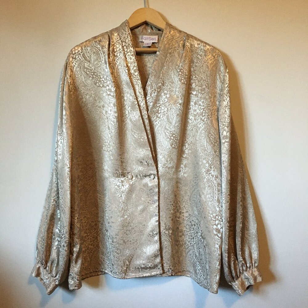 Vintage Fair Set 90s Champagne Paisley Shiny Liquid Metallic Blouse 18